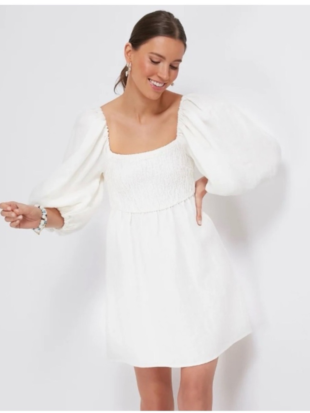 Tuckernuck Annie Smocked Linen Mini Dress Puff Sleeve Cottagecore Size Small